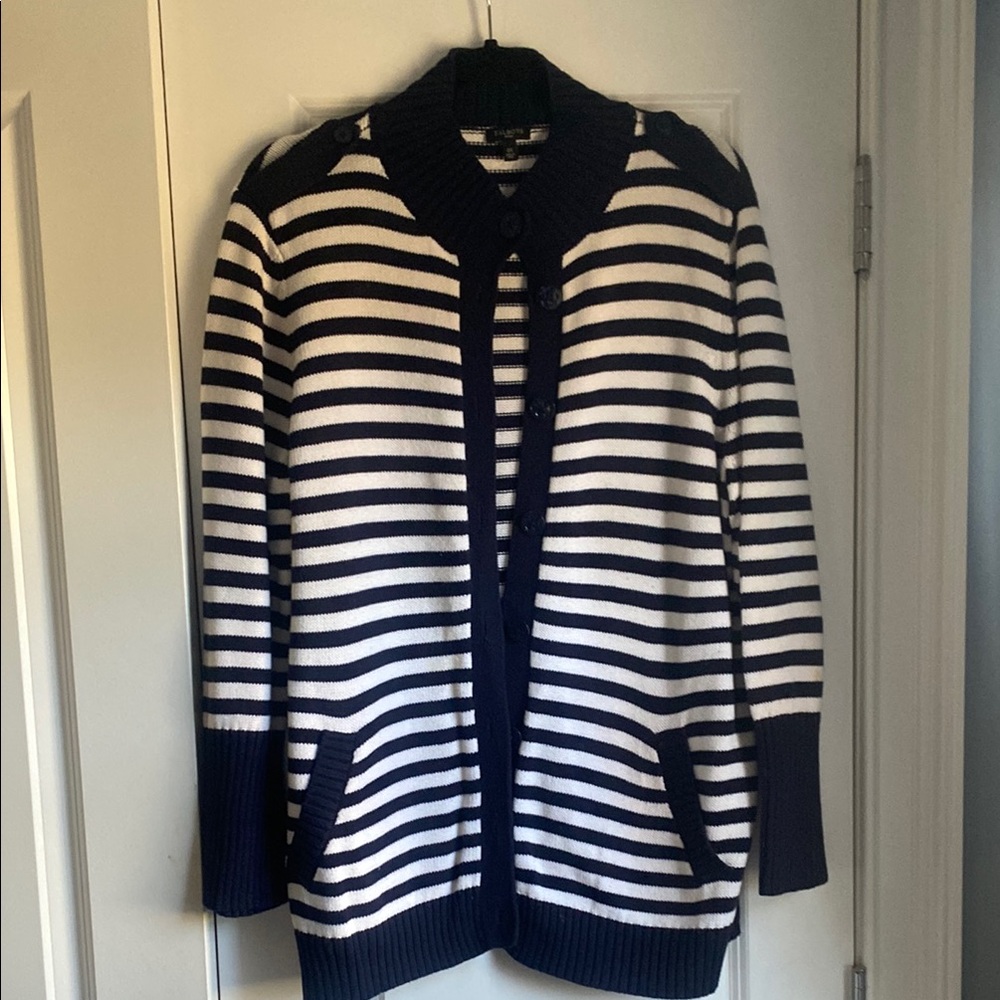 Talbots Navy and White Striped Cardigan